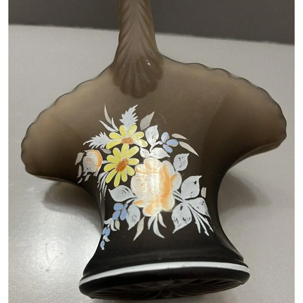 Westmoreland Frosted Smokey Brown Glass Basket Hand Painted Summer Spring Floral